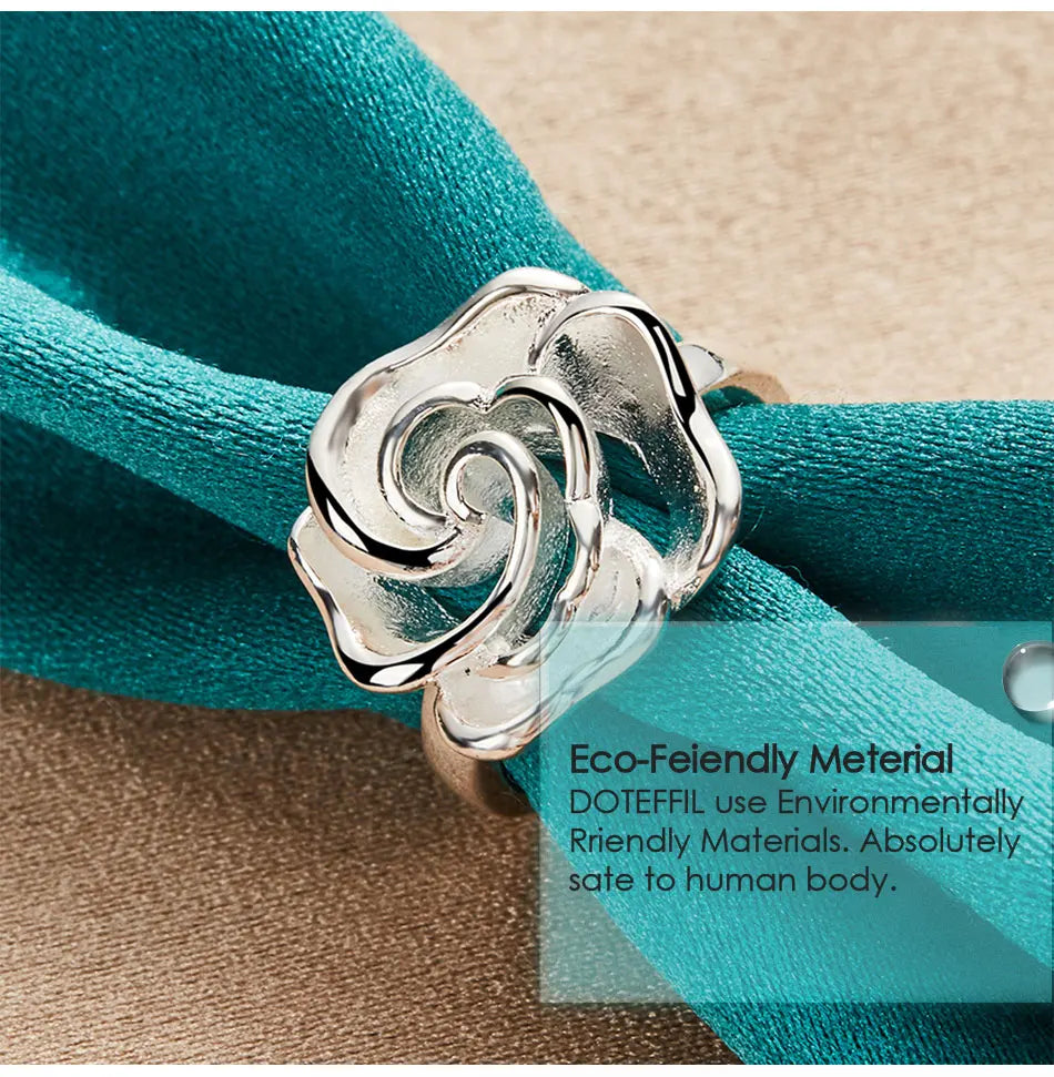 925 Sterling Silver Rose Flower Blossoms Ring For Woman Fashion Wedding Engagement Party Gift Charm Jewelry
