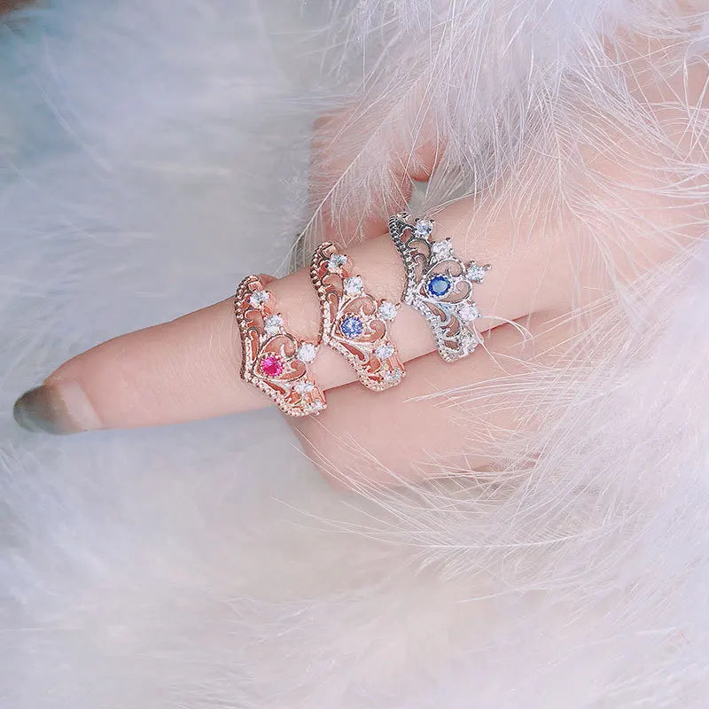 Princess Crown Rings For Teen Girls Women Luxury Hollow Colorful Crystal Beautiful Rings Fashion Jewelry Gift For Girls KBR212