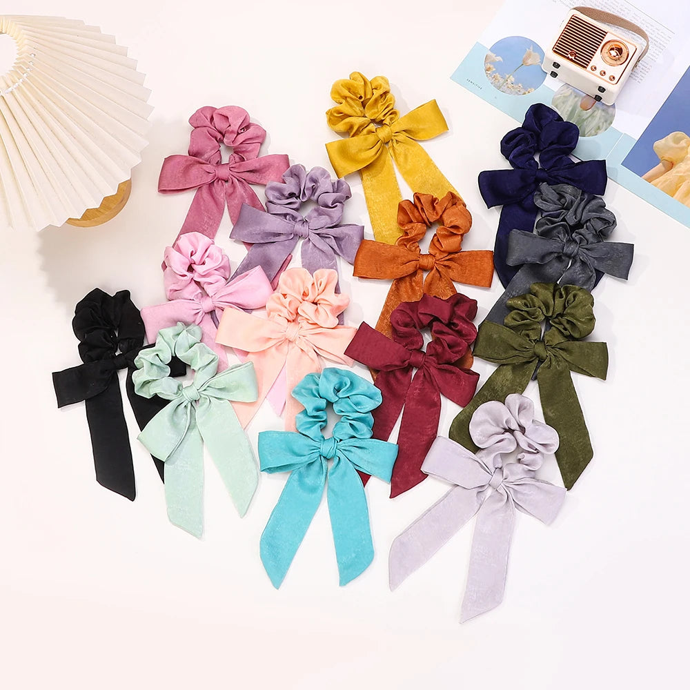 Fashion Vintage Solid Chiffon Velvet Bow Hair Ribbon Scrunchie for Women Girls Long Elastic Hair Tie Headwear Hair Accessories