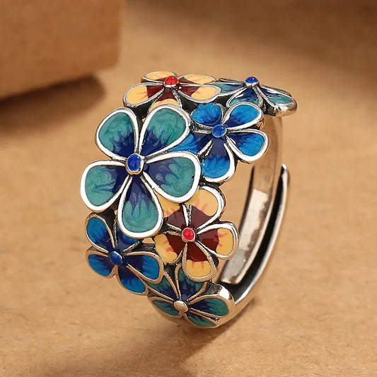 New Cloisonné Enamel Flowery Ring for Women with Atmospheric Retro Ethnic Style Opening Adjustable Creative Index Finger