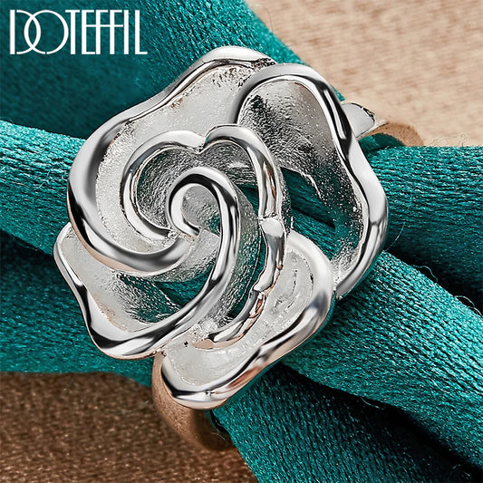 925 Sterling Silver Rose Flower Blossoms Ring For Woman Fashion Wedding Engagement Party Gift Charm Jewelry