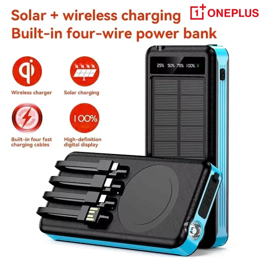 ONEPLUS 50000mAh Solar Power Bank Wireless Fast Charging Battery Large Capacity Mobile Power Dual USB 4 Cables For iPhone Samsun