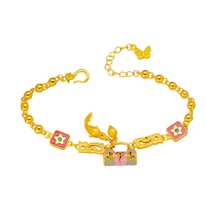 24K AU999 Gold 'Blossom Lock & Koi' Bracelet for Women - Floral Lock with Leaping Koi, High-Purity Gold, Lucky & Elegant