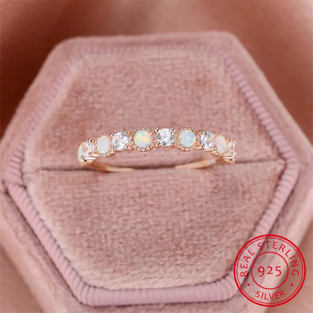 Real 925 Sterling Silver Engagement Ring Single Row White Zircon Round Opal Rings For Women Gold Color Wedding Band Jewelry