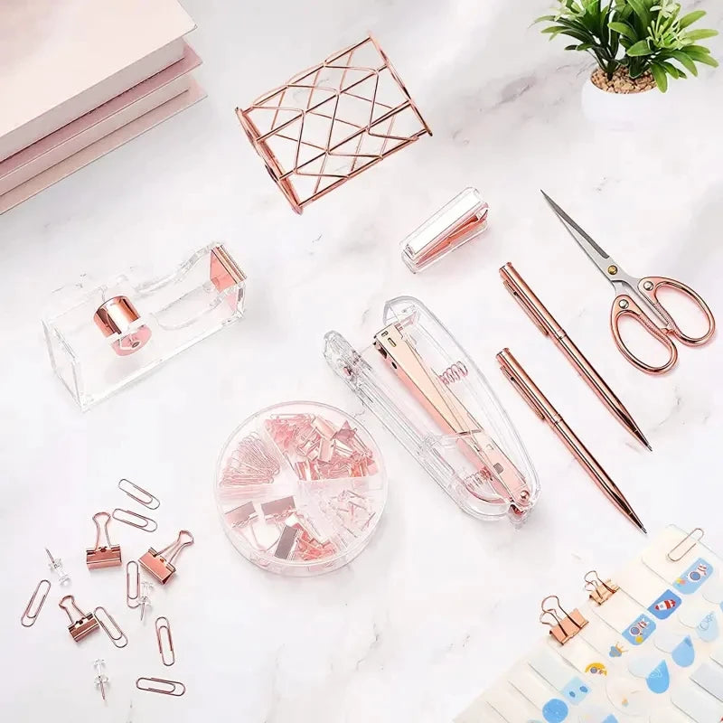 Complete Office Supplies Set -Acrylic Stapler Tape Holder Pen Holder Ballpoint Pens Scissors Binder Paper Clip Staples