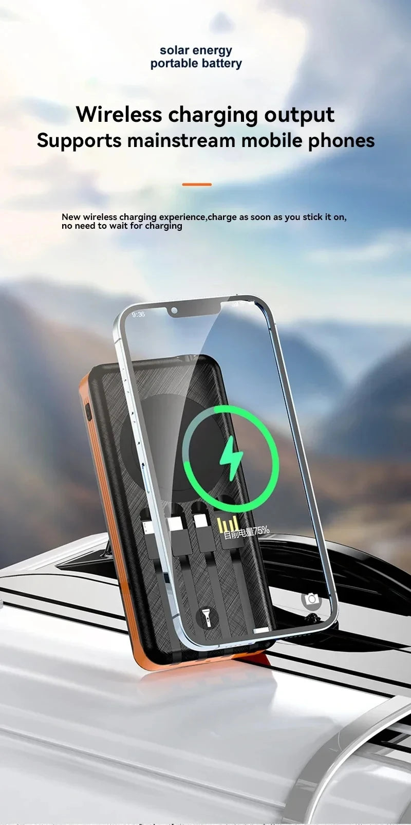 ONEPLUS 50000mAh Solar Power Bank Wireless Fast Charging Battery Large Capacity Mobile Power Dual USB 4 Cables For iPhone Samsun