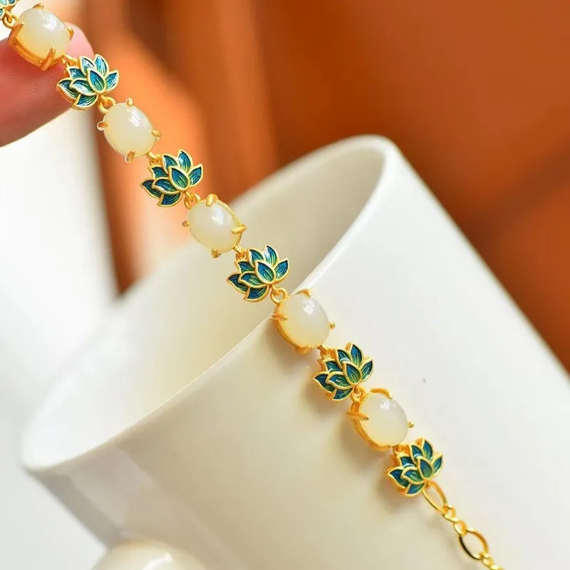 Natural Hotan Jade Charms Enamel Lotus Flower Bracelet for Women New in Chinese Vintage Ancient Gold Craft Bangles Jewelry