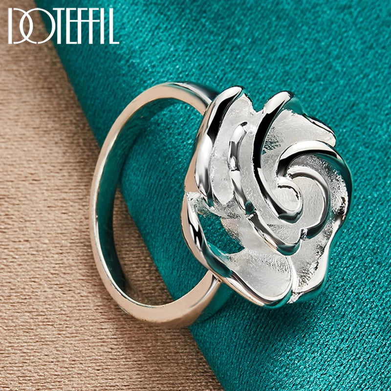 925 Sterling Silver Rose Flower Blossoms Ring For Woman Fashion Wedding Engagement Party Gift Charm Jewelry