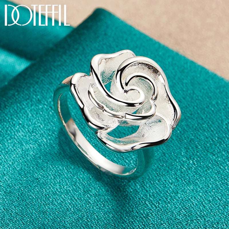 925 Sterling Silver Rose Flower Blossoms Ring For Woman Fashion Wedding Engagement Party Gift Charm Jewelry