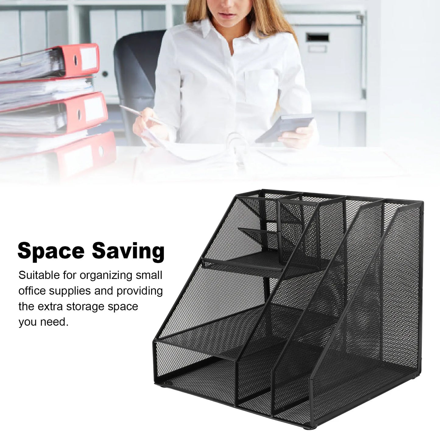 Office Supplies Organizer with Pen Holder Metal Mesh Desktop Organizer Black Iron Multifunctional File Organizer for Home School