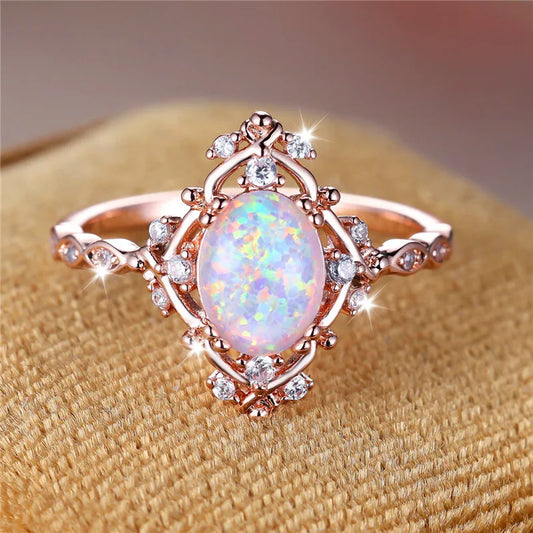 Luxury Female White Fire Opal Stone Engagement Ring Trendy Rose Gold Color Bride Wedding Jewelry Gift For Women
