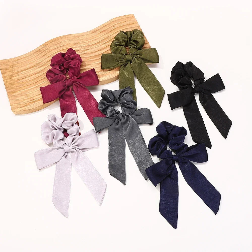 Fashion Vintage Solid Chiffon Velvet Bow Hair Ribbon Scrunchie for Women Girls Long Elastic Hair Tie Headwear Hair Accessories