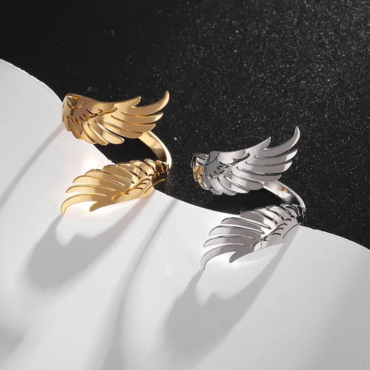 Stainless Steel Angel Wing Ring Open Adjustable Feather Ring for Men Women Couple Fashion Jewelry Anniversary Gift