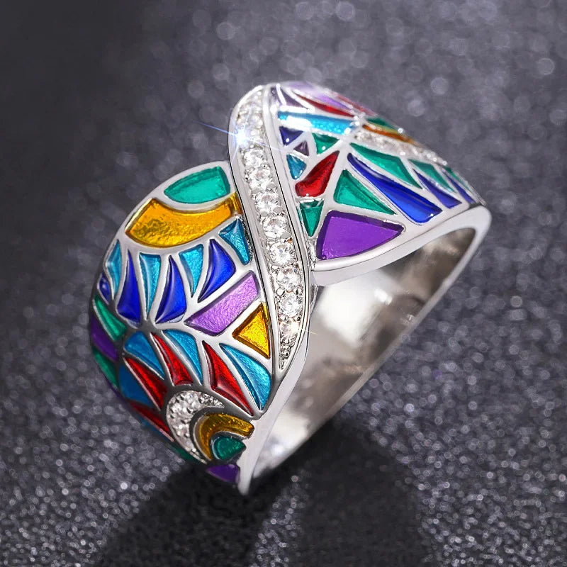 Colorful Handmade Enamel Style Silver Ring Fashion