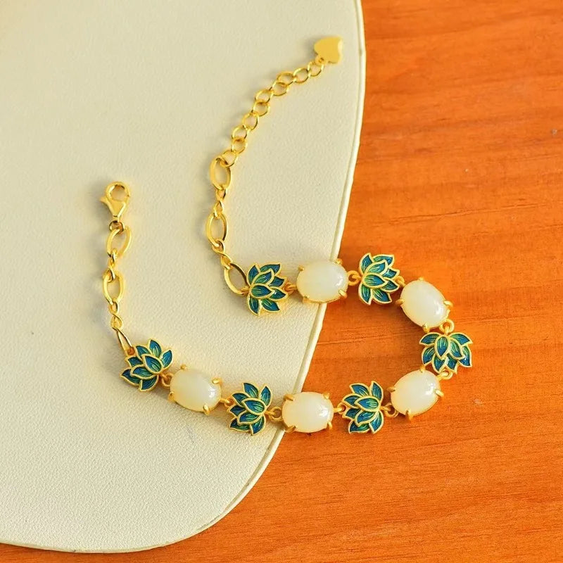 Natural Hotan Jade Charms Enamel Lotus Flower Bracelet for Women New in Chinese Vintage Ancient Gold Craft Bangles Jewelry