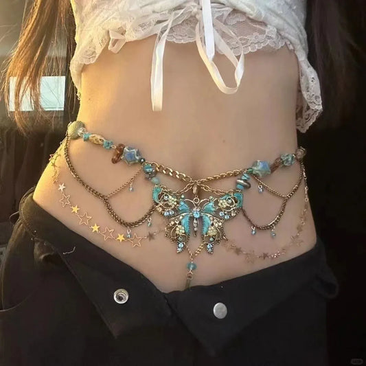 Fairy Tassel Waist Chain For Women Glitter Pearl Butterfly Pendant Belt Strap Dress Crop Top Bikini Sexy Waist Decorative Chain
