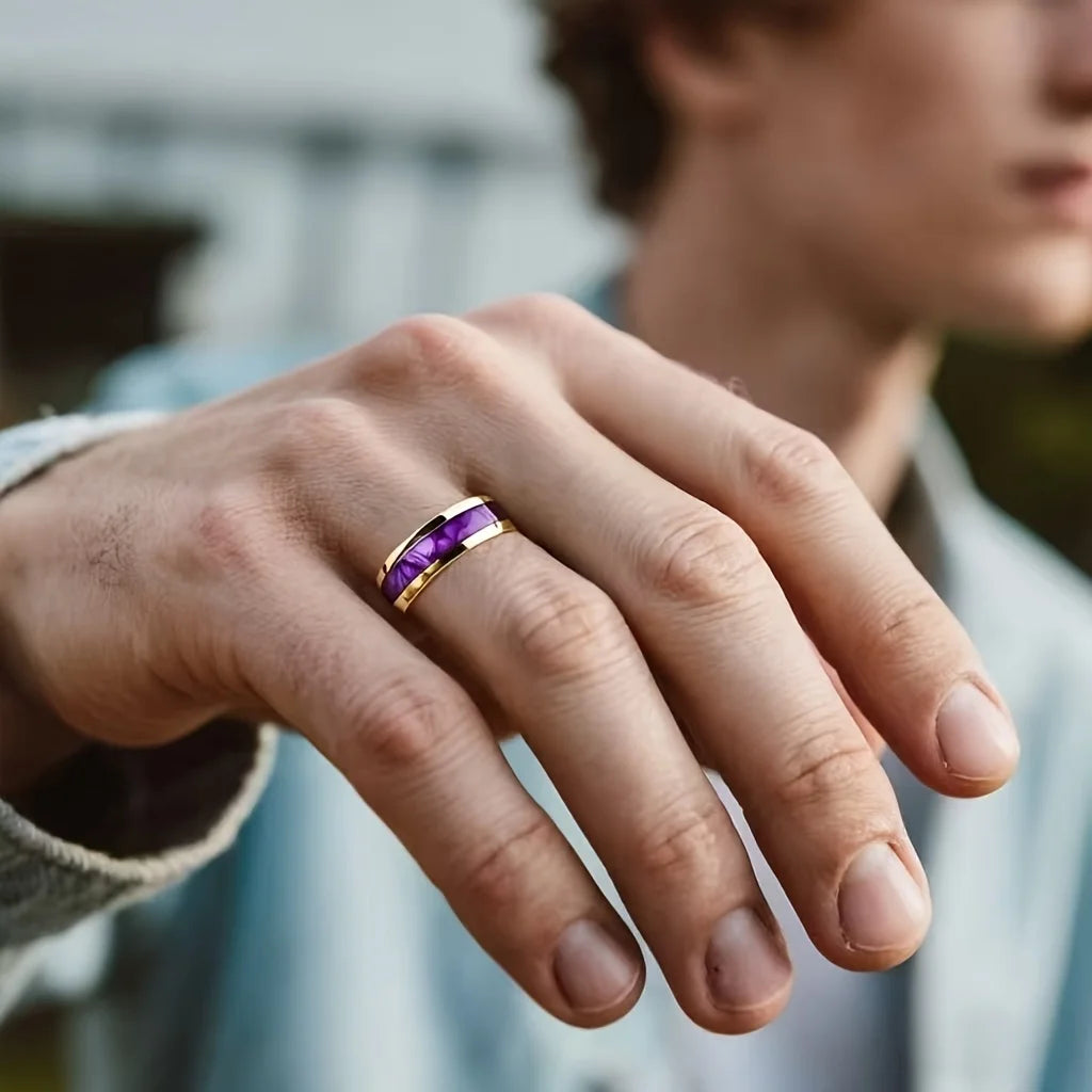 Wholesale 8MM Fashion Purple Shell Inlay Stainless Steel Rings Unique Women Wedding Band Jewelry Men's Ring Party Accessories