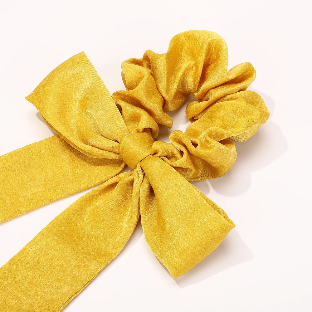Fashion Vintage Solid Chiffon Velvet Bow Hair Ribbon Scrunchie for Women Girls Long Elastic Hair Tie Headwear Hair Accessories