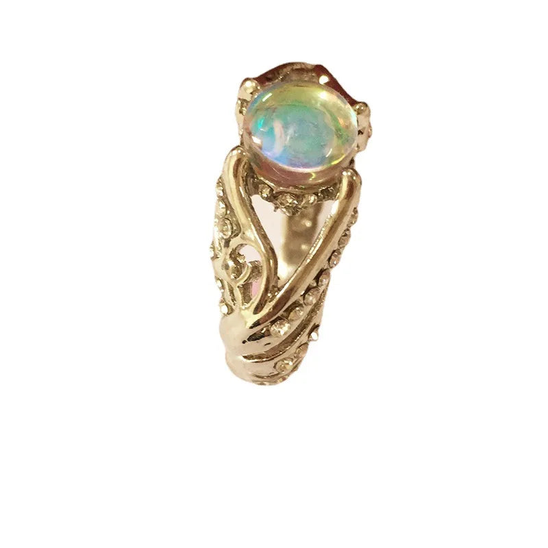 Creative Hollow-out White Swan Colorful Imitation Moonstone Ring Women's Fashion Fashion Jewelry