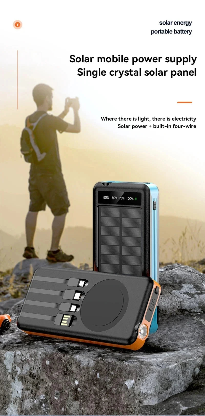 ONEPLUS 50000mAh Solar Power Bank Wireless Fast Charging Battery Large Capacity Mobile Power Dual USB 4 Cables For iPhone Samsun