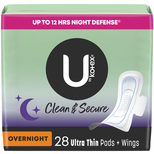 U by  Security Overnight Feminine Pads with Wings, Ultra Thin, 28 Count