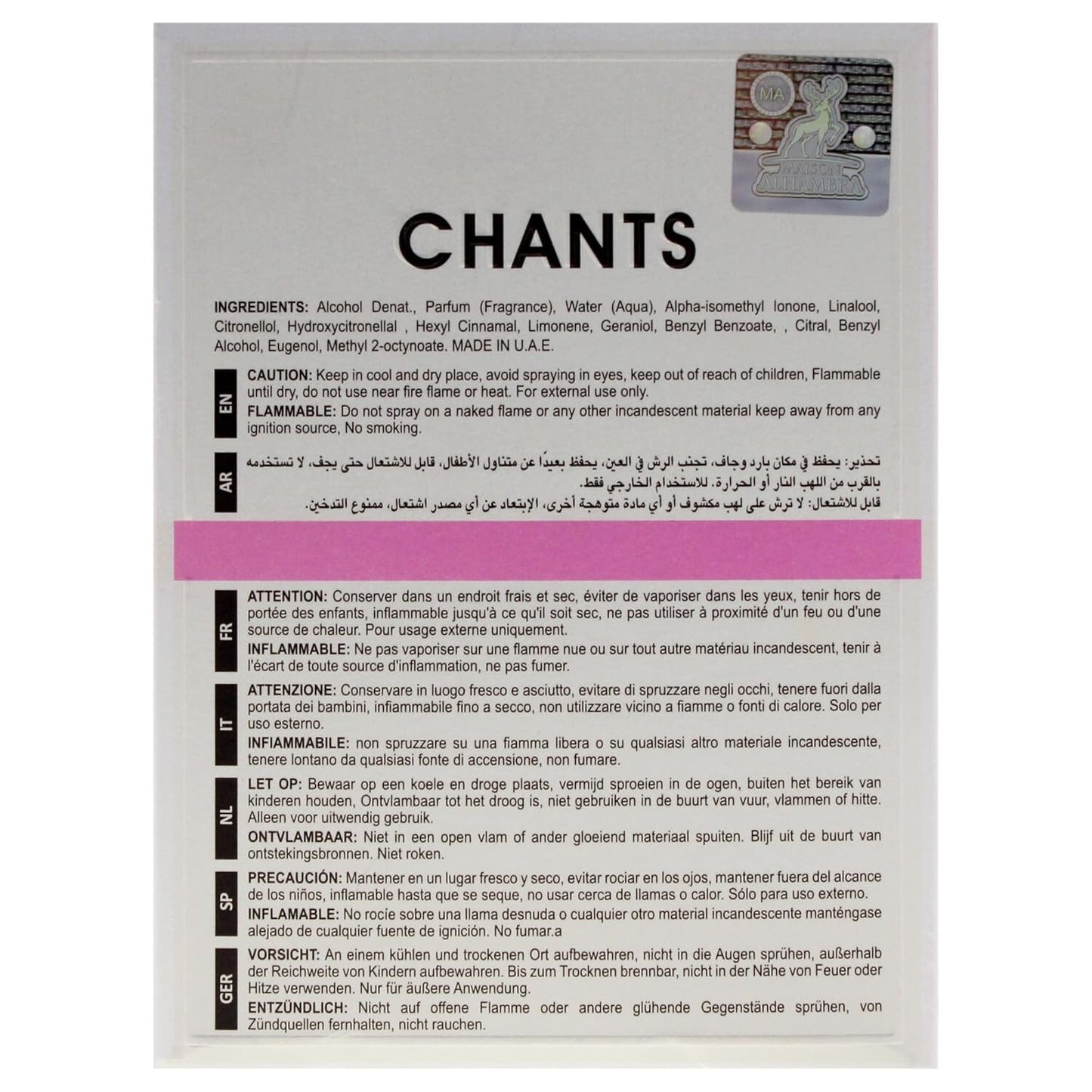 CHANTS by Maison Alhambra Perfume Arabian UAE Version Fragrance, 100Ml