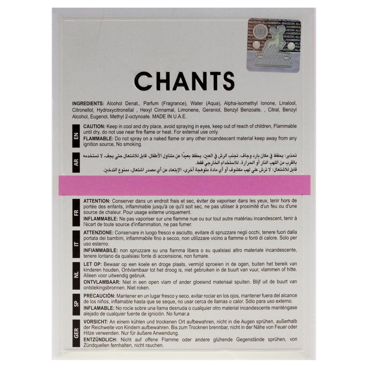CHANTS by Maison Alhambra Perfume Arabian UAE Version Fragrance, 100Ml