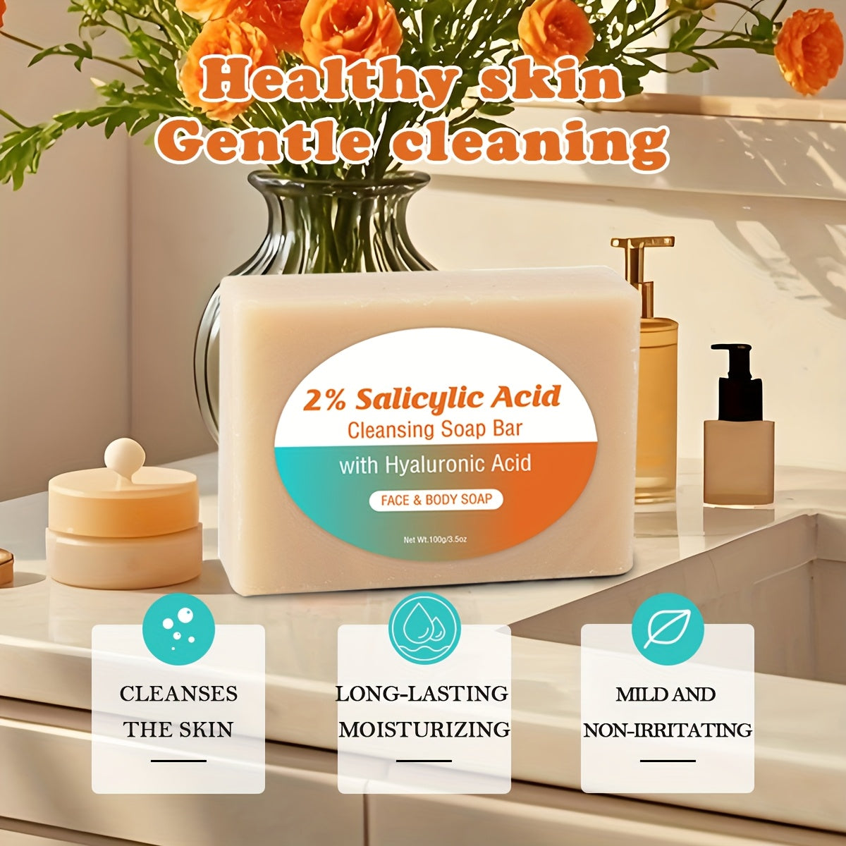 [Salicylic Acid Soap] 3pcs Salicylic Acid Cleansing Soap Bar | Contains Coconut Oil, 2% Salicylic Acid, Moisturize Light Beige, Make Light Beige Look Smoother And Firmer, Soap Foaming Net Equipped, 100G - Suitable for All Lig