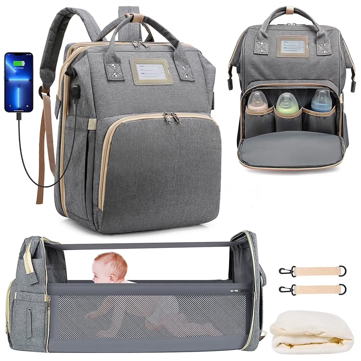 Diaper Bag Backpack, Multifunctional Baby Changing Bag with Foldable Crib & Insulated Milk Bottle Pocket, Large Capacity Travel Backpack with USB Charging Port & Stroller Strap (Gray)