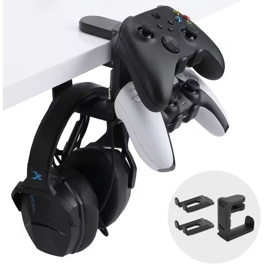 3 in 1 under Desk Clamp PC Gaming Headphone Stand and Controller Holder with Adjustable Swivelling Arm Black