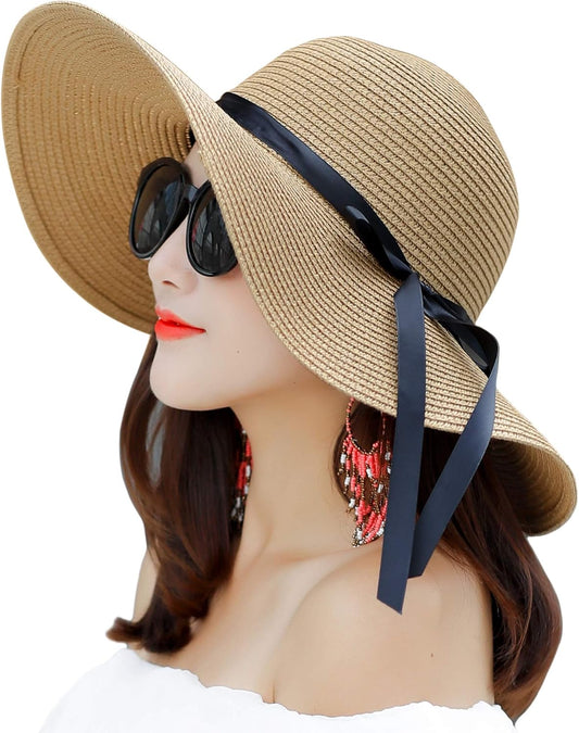 Womens Wide Brim Straw Sun Hat Floppy Foldable Roll up Cap UPF 50+ Summer Beach Hats