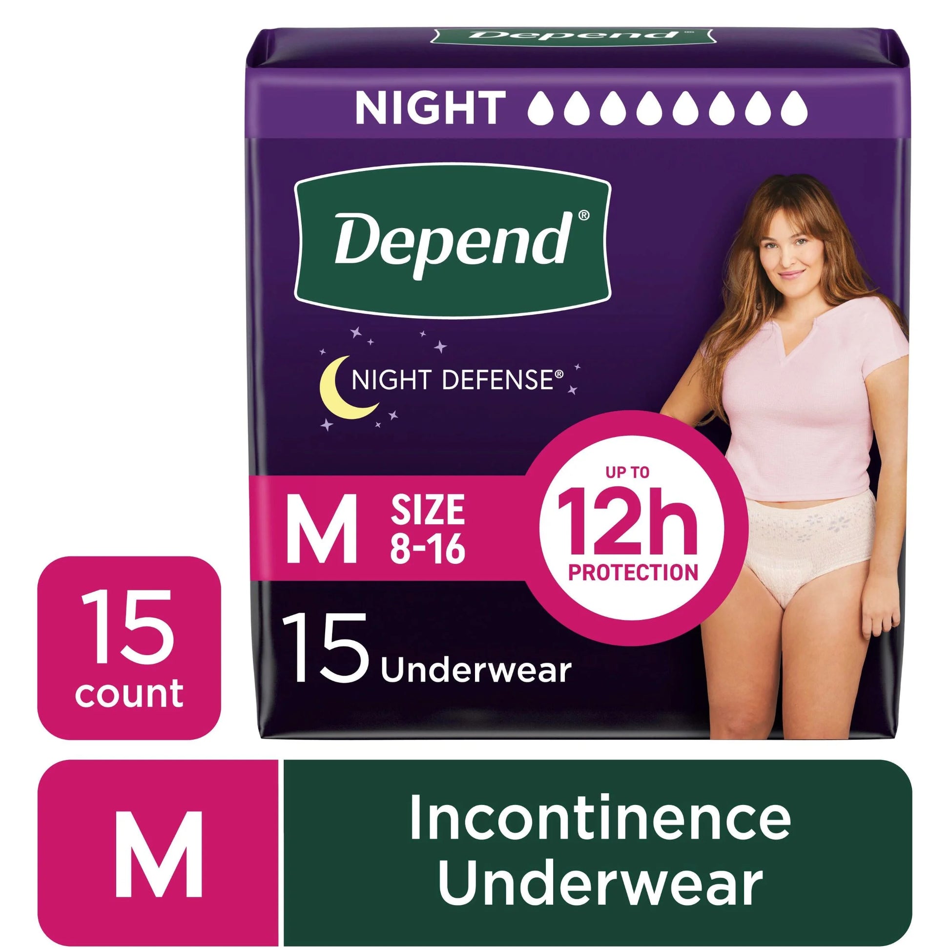 Night Defense Incontinence Underwear for Women, Adult Diapers, M, 15 Count