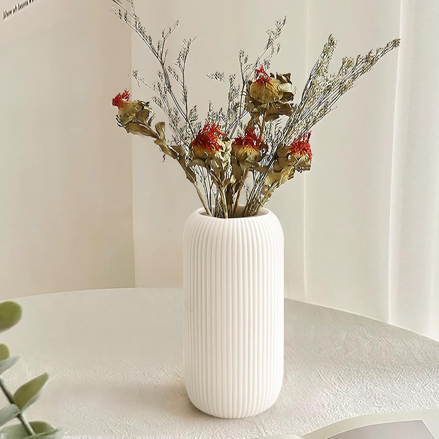 White Ceramic Vase for Flowers, 8 INCH Modern Small Ribbed Textured White Flower