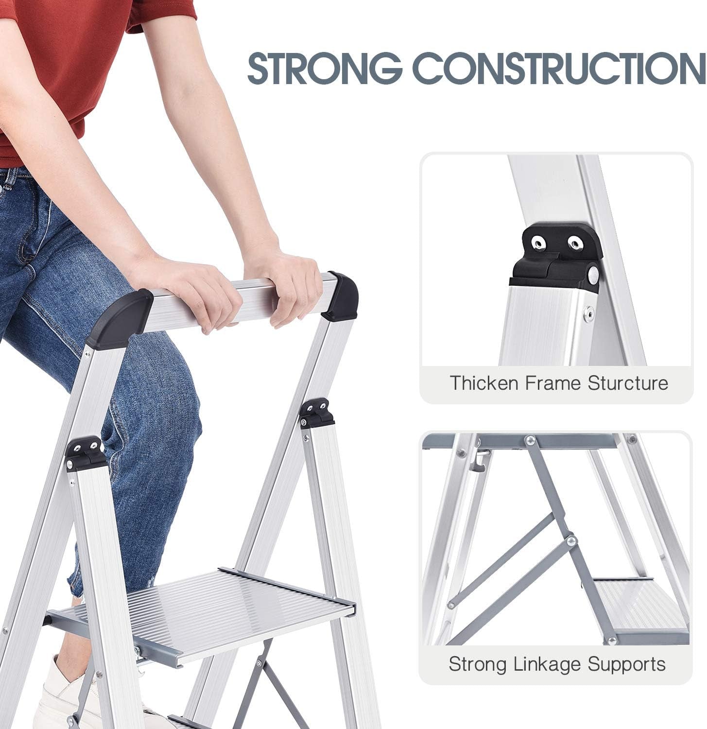 Step Ladder 2 Steps, Step Ladder, Non-Slip Household Ladder with Folding Safety,