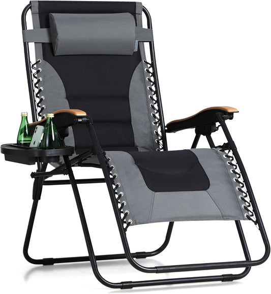 Zero Gravity Chairs, Oversized Patio Recliner Chair, Padded Folding Lawn Chair with Cup Holder Tray, Support 400Lbs, Grey