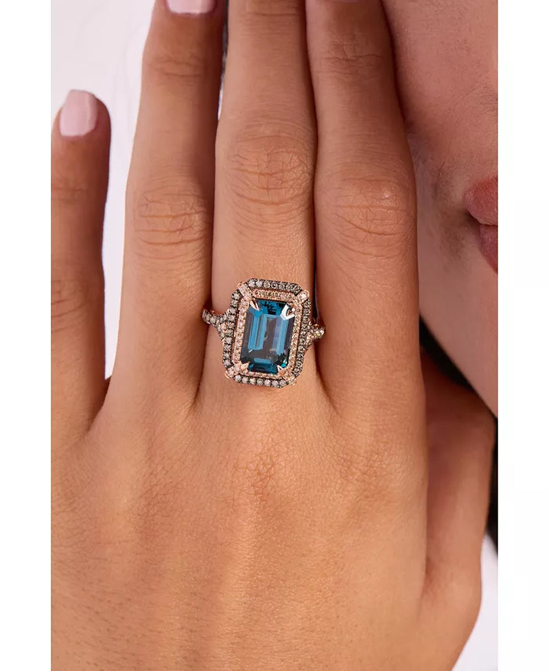 Deep Sea Blue Topaz (3-7/8 Ct. T.W.) & Diamond (5/8 Ct. T.W.) Double Halo Ring in 14K Rose Gold (Also Available in 14K White Gold or 14K Yellow Gold)