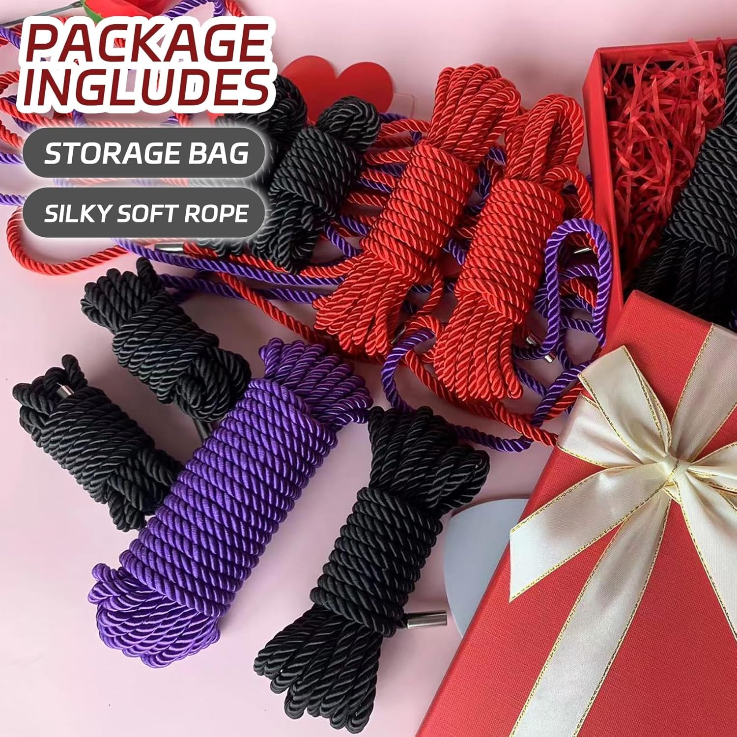 Silk Rope, Skin Friendly Durable Soft Rope, Multipurpose Long Rope Nylon Satin Braided Twisted Rope, 8Mm Thick (Length：4X8Ft Black+2X16Ft Red+32Ft Purple)