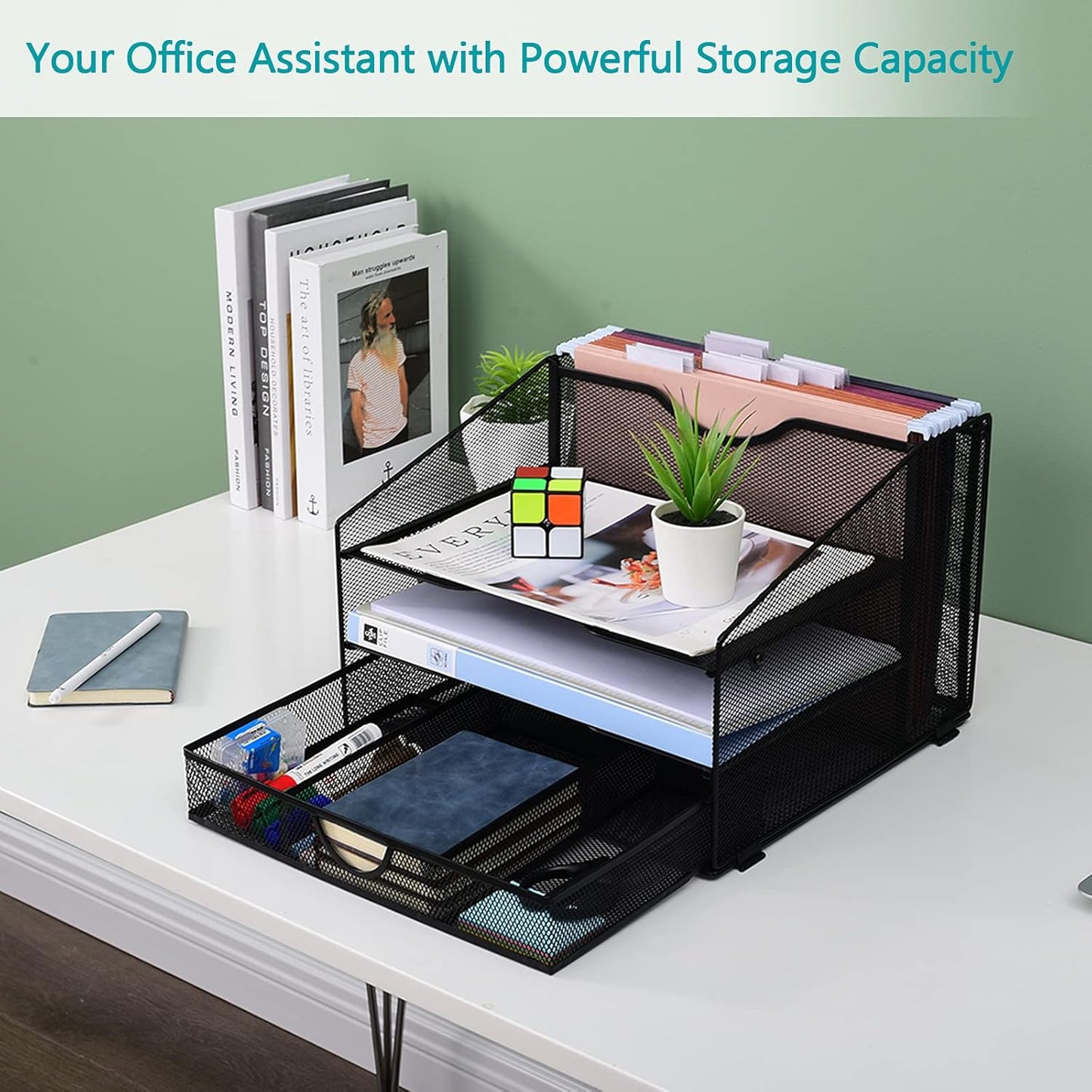 Desk Organzier Mesh Office Supplies Organization with Drawer File Accessories Storage Workspace with 4 Compartments for Women Home Desktop Paper Pen Shelf(12.8 X 12.4 X 9 Inch, Black)