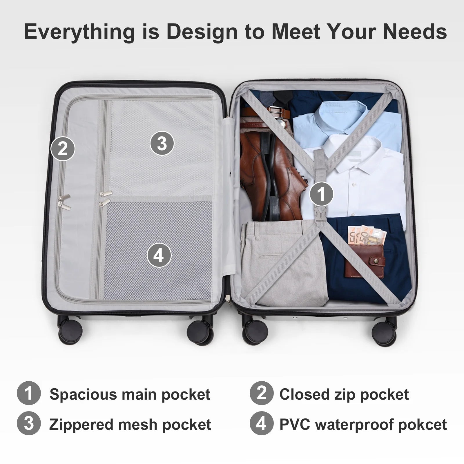 3 Piece Luggage Sets, ABS+PC Expandble Hardside Suitcase TSA Lock Lightweight Durable Spinner Luggage, Gray