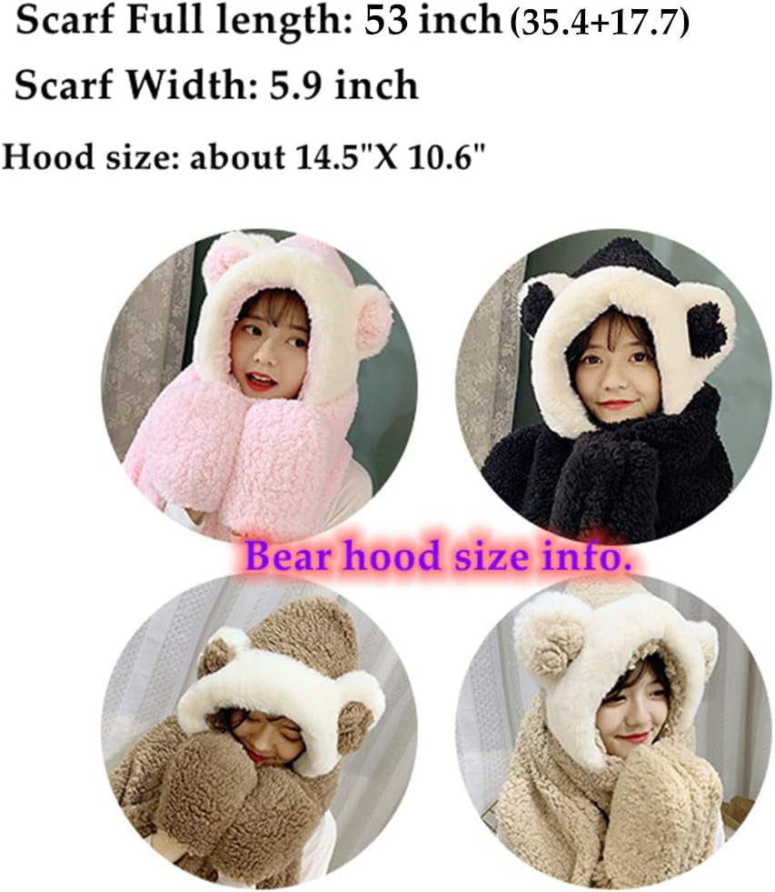 Womens Cute Winter Thick Warm Long Hooded Scarf with Mittens