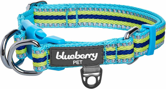 Safety Dog Collar with Dual D-Rings | 3M Reflective Multi-Colored Adjustable Collar in Blue and Yellow | Soft Nylon Dog Collar for Active Large Dogs