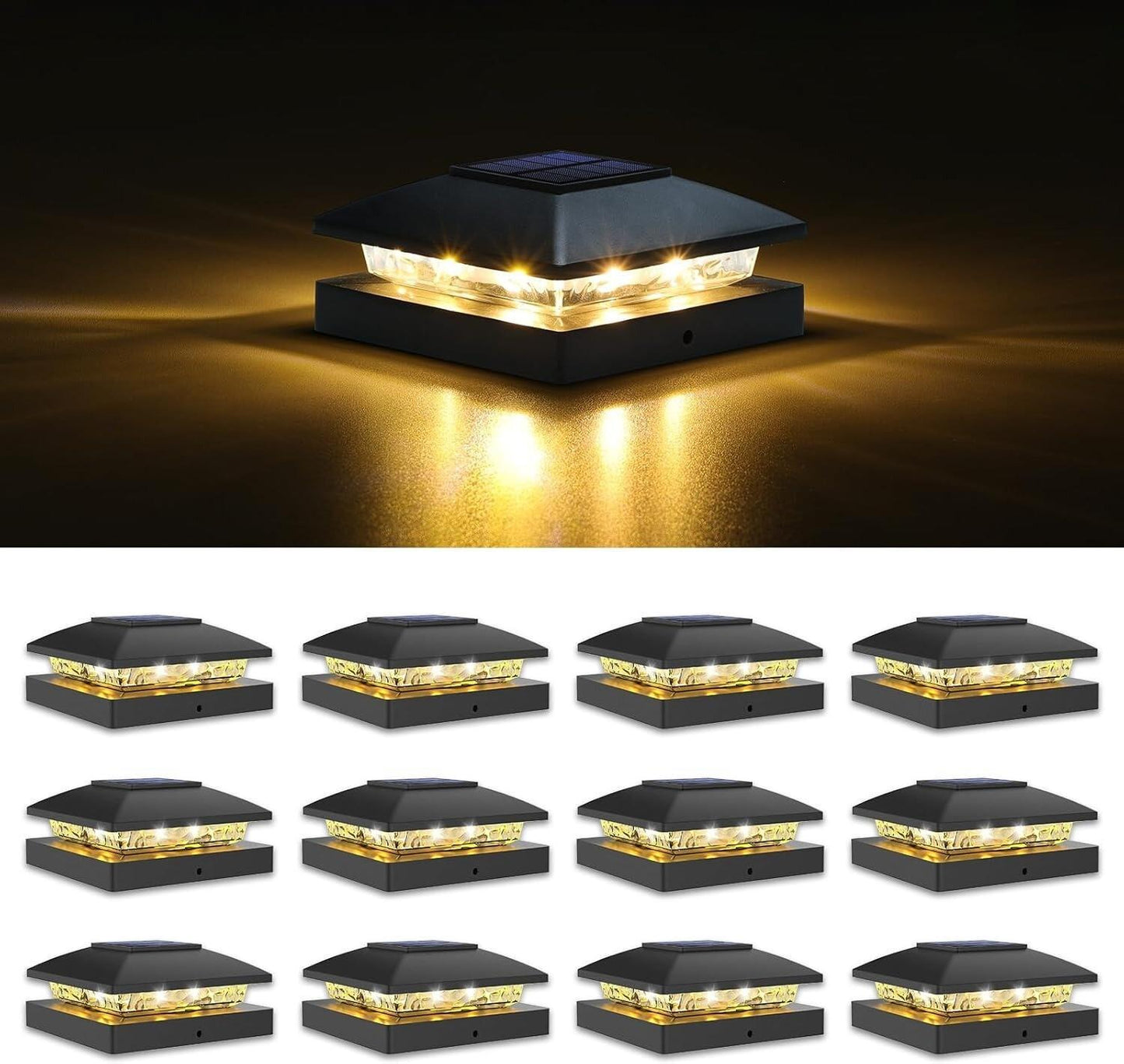 4X4 Solar Post Cap Light 12 Pack, Solar Fence - Post Lights Outdoor Waterproof