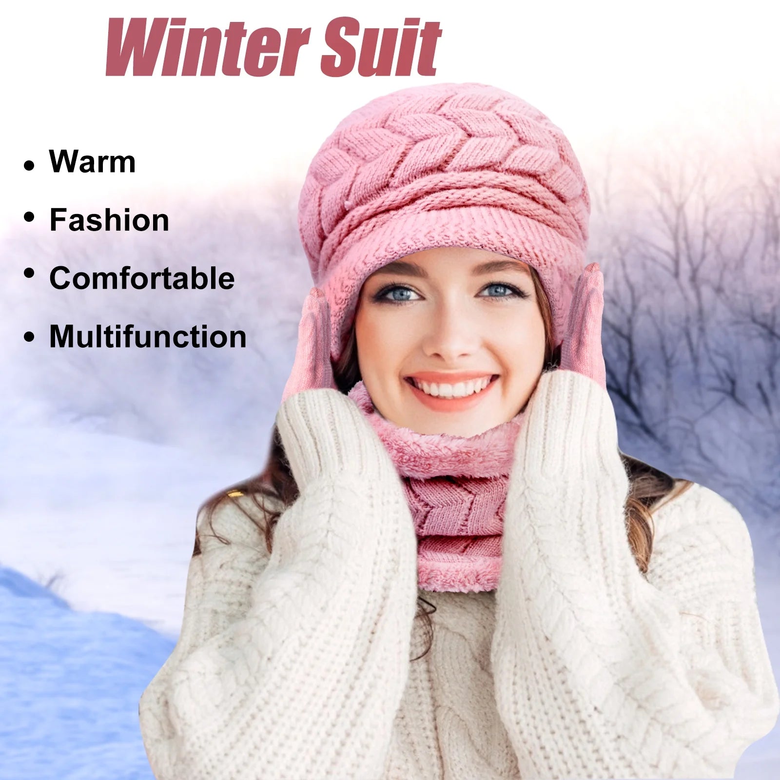 3 Pieces Women Winter Hat Gloves Scarf Set, Knit Beanie Neck Warmer Touch Screen Mittens Pink