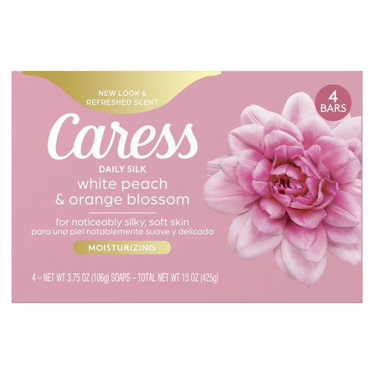 Bar Soap for Women, Daily Silk White Peach & Orange Blossom for All Skin, 3.75 Oz 4 Body Bath Bars
