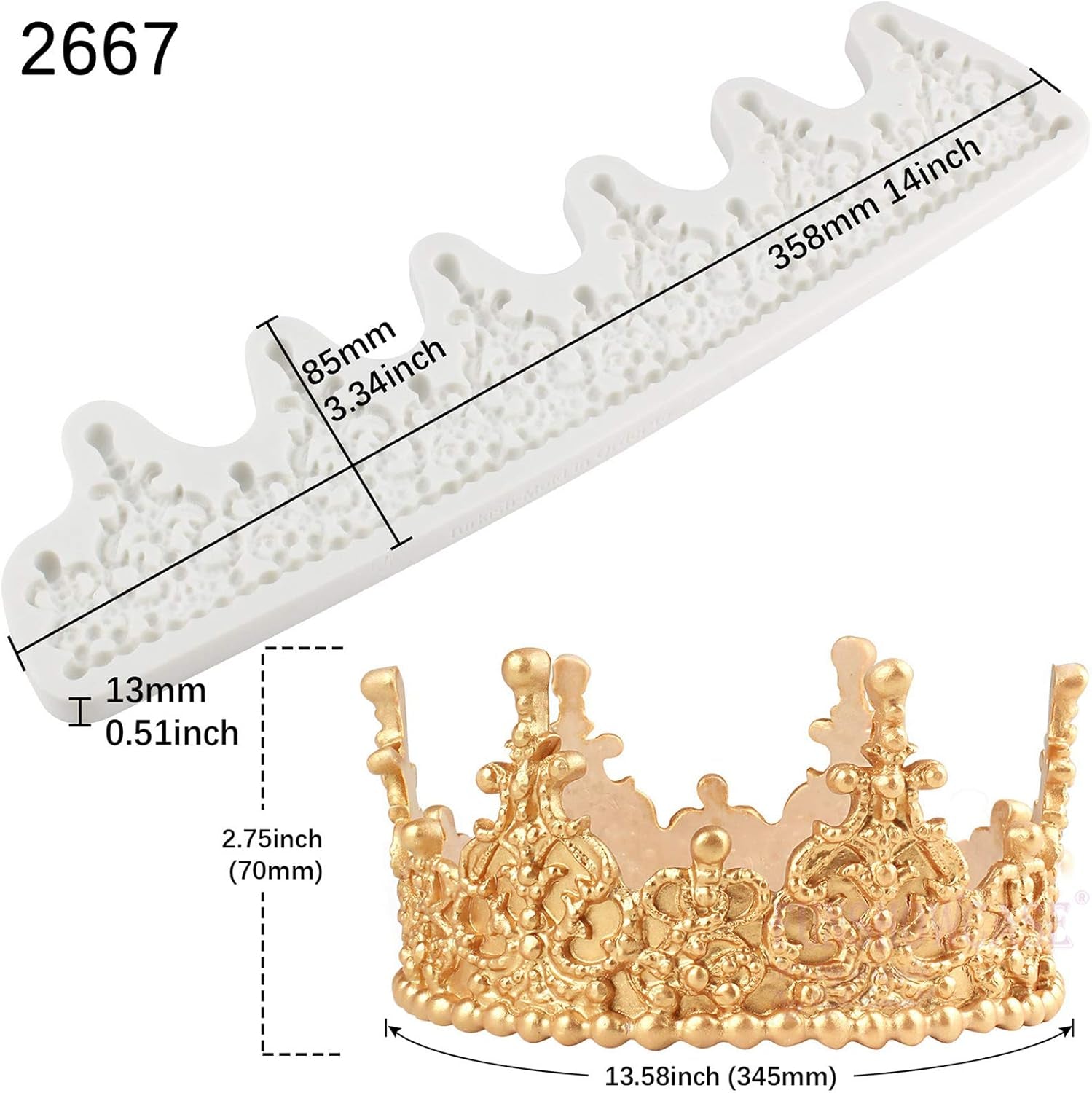 Crown Cake Topper Mold Height 2.8Inch, Filigree Tiara