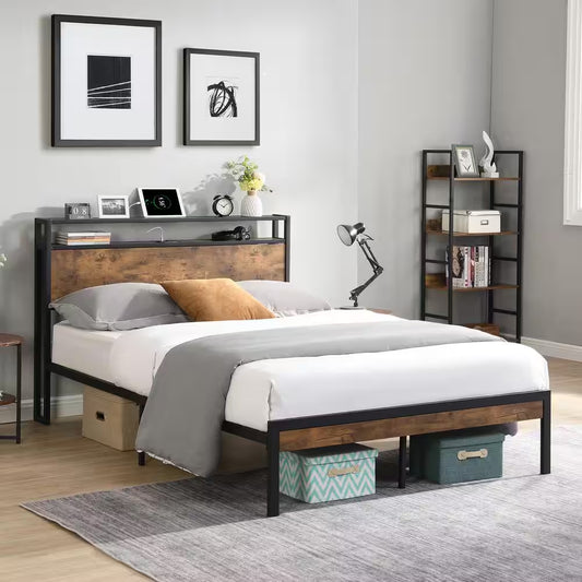 Modern Industrial Black Metal Frame Queen Platform Bed with Wooden Storage Headboard, Charging Station, Underbed Storage