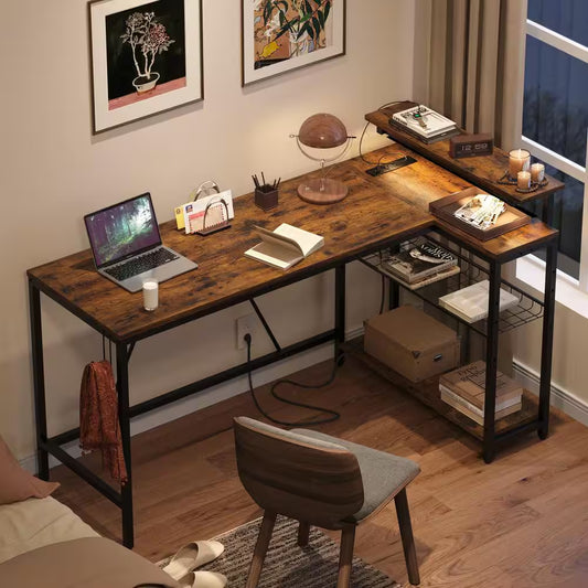 58 In. L-Shaped Rustic Brown LED Gaming Desk with Storage Shelf and Power Outlets