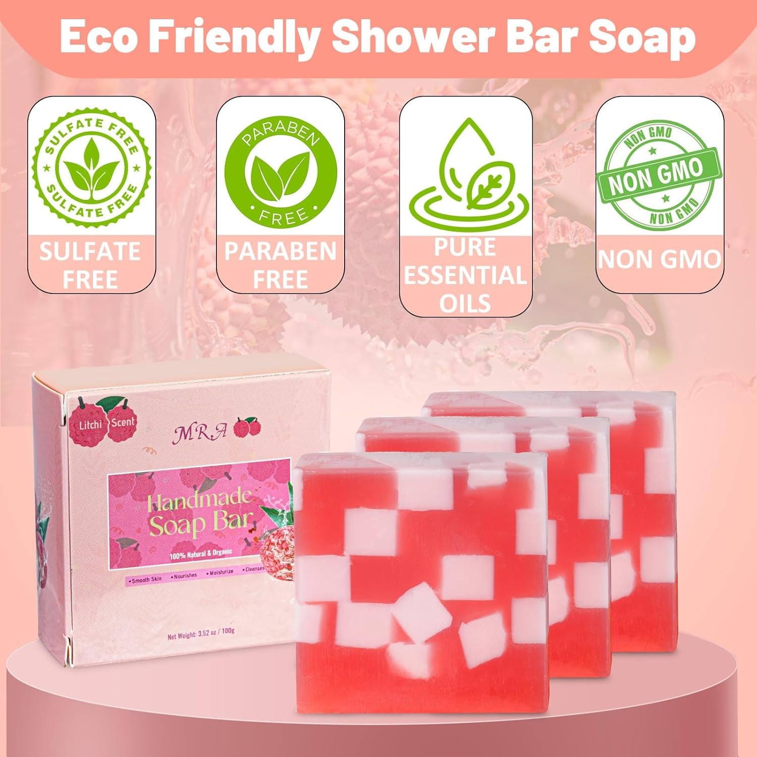 100% Natural Bar Soap for Moisturizing, Handmade & Organic Body Wash Soap Bar Face Soap for Sensitive Skin, Litchi Scent Glowing Skin Bath Soap Bars for Women & Men, 3 * 3.52OZ