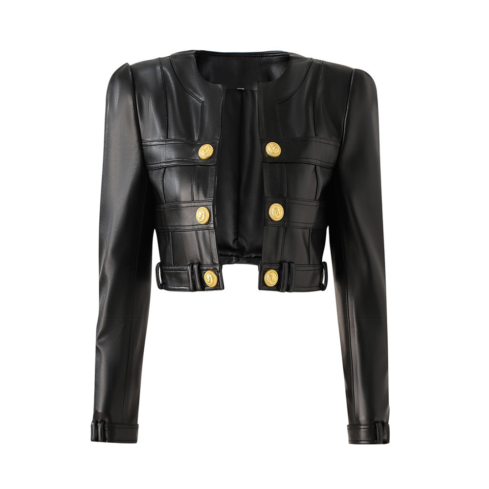 2023 Europe and the United States cross-border PU leather splicing small round neck shoulder pad cardigan high street wind small coat top temperament small jacket