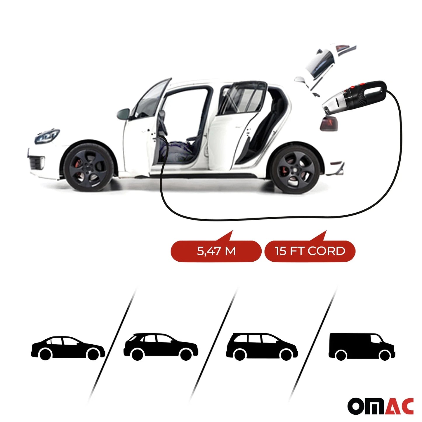 OMAC Handheld Car Vacuum Cleaner, Portable, Mini,12V High Power, 15 Ft Cord, Black